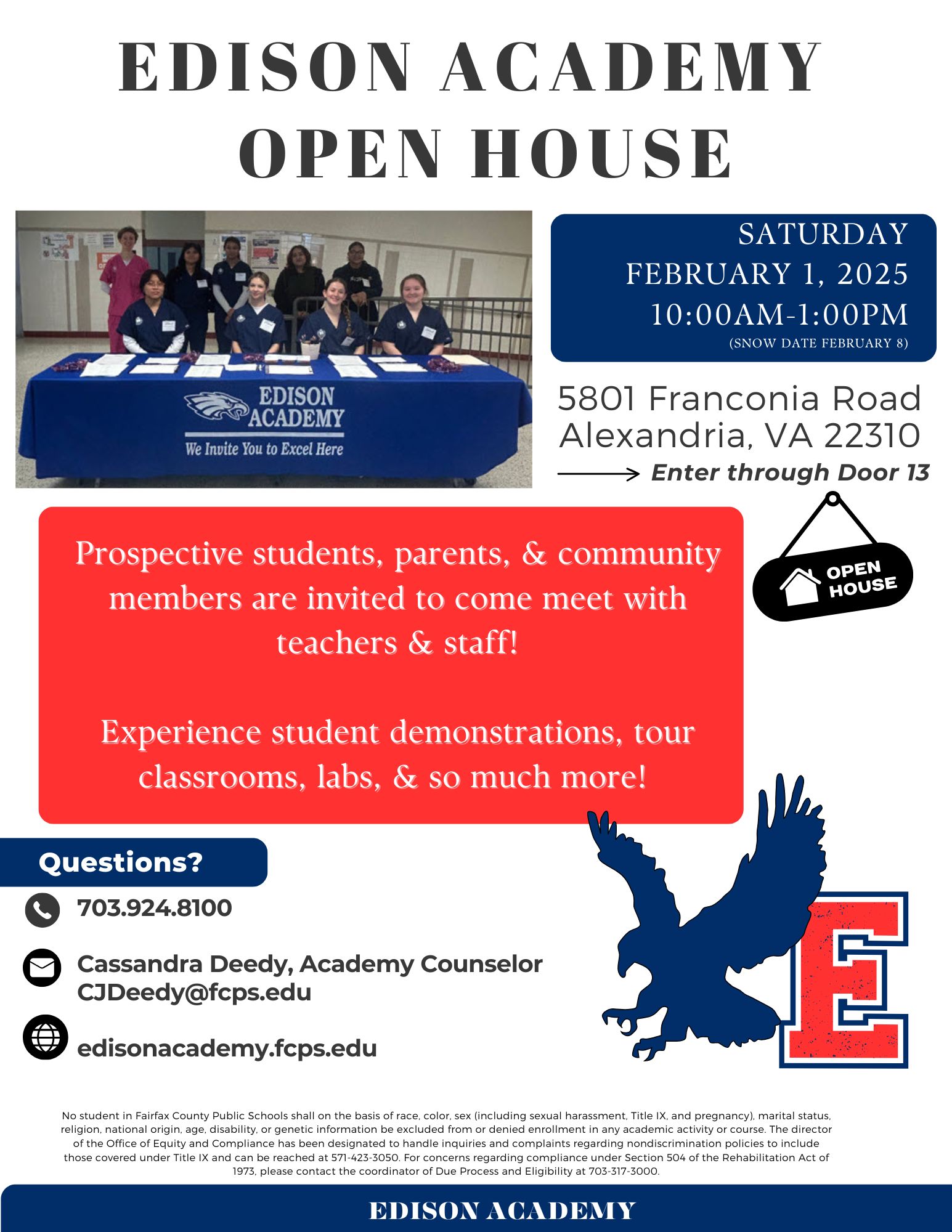 A flyer with the information for Edison Academy's Open House