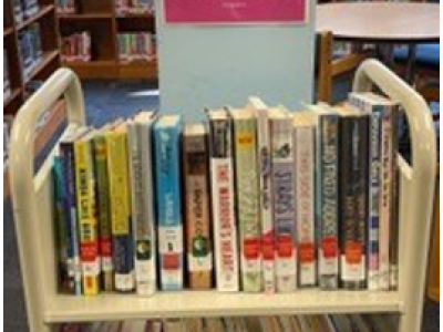 library books in a library cart